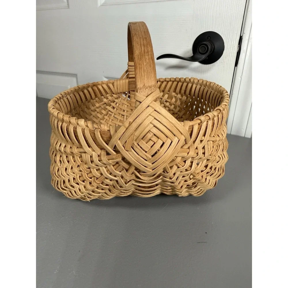 Buttocks Basket God's Eye Hand Woven Vintage Splint w Oak Handle Primitive Butt